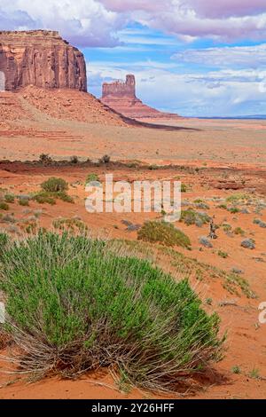 Formazioni rocciose, arroccate lungo il pavimento della Monument Valley sotto un cielo spettacolare Foto Stock