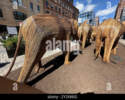 New York, Stati Uniti. 9/8/24, New York, New York, Stati Uniti “The Great Elephant Migration”, una mostra itinerante di arte pubblica di 100 sculture a grandezza naturale di elefanti indiani in mostra lungo il Meat Packing District fino al 20 ottobre 2024. Coexistence Collective, una comunità di 200 artigiani indigeni in collaborazione con la ONG Elephant Family USA. Le vendite di queste sculture vanno a beneficio delle ONG di conservazione di tutto il mondo che sostengono la coesistenza di animali selvatici e umani; i prezzi variano da $ 8.000 per un bambino fino a $ 22.000 per un toro con zanne. Crediti: Jennifer Graylock/Alamy Live News Foto Stock