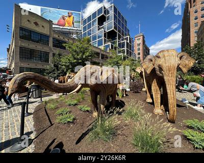 New York, Stati Uniti. 9/8/24, New York, New York, Stati Uniti “The Great Elephant Migration”, una mostra itinerante di arte pubblica di 100 sculture a grandezza naturale di elefanti indiani in mostra lungo il Meat Packing District fino al 20 ottobre 2024. Coexistence Collective, una comunità di 200 artigiani indigeni in collaborazione con la ONG Elephant Family USA. Le vendite di queste sculture vanno a beneficio delle ONG di conservazione di tutto il mondo che sostengono la coesistenza di animali selvatici e umani; i prezzi variano da $ 8.000 per un bambino fino a $ 22.000 per un toro con zanne. Crediti: Jennifer Graylock/Alamy Live News Foto Stock