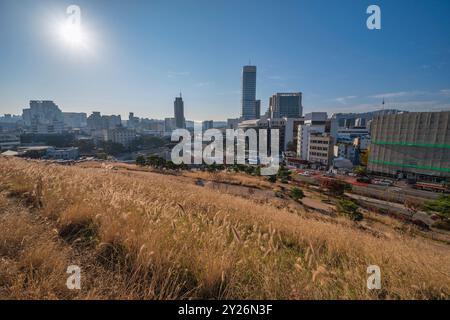 Skyline della città di Seoul nella Corea del Sud presso la porta di Dongdaemun (porta di Heunginjimun) in autunno Foto Stock