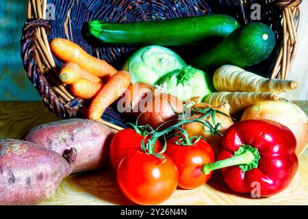 Vista di un cesto sdraiato con il contenuto di una varietà di frutta e verdura colorate e sane, foto di dettaglio Foto Stock