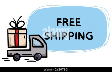 Adesivo disegnato a mano con auto, confezione regalo, iscrizione spedizione gratuita. Illustrazione vettoriale per emblema, etichetta, prezzo Illustrazione Vettoriale