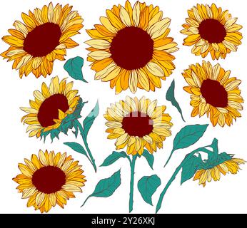 Giallo Girasole Fiori Vector isolati Design Elements Collezione di pacchetti per taglio e stampa laser. Simboli tradizionali ucraini Illustrazione Vettoriale