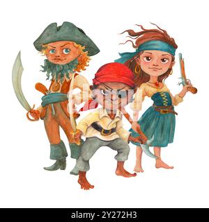 Giovani pirati. Personaggi buccaneer disegnati a mano. Composizione isolata di acquerelli di ragazzi e ragazze in costumi da pirata per il disegno di carte, poster e t-shirt Foto Stock