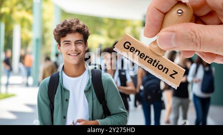 Generazione Z Ein Holzstempel ist beschriftet mit dem Aufdruck generazione Z über dem Bild eines Jugendlichen der Generation Z - FOTOMONTAGE *** Generat Foto Stock