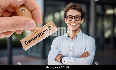 Generazione Z Ein Holzstempel ist beschriftet mit dem Aufdruck generazione Z über dem Bild eines Jugendlichen der Generation Z - FOTOMONTAGE *** Generat Foto Stock