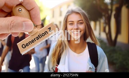 Generazione Z Ein Holzstempel ist beschriftet mit dem Aufdruck generazione Z über dem Bild eines Jugendlichen der Generation Z - FOTOMONTAGE *** Generat Foto Stock