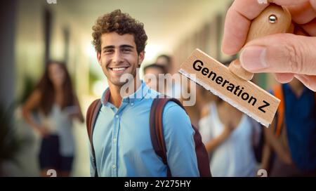 Generazione Z Ein Holzstempel ist beschriftet mit dem Aufdruck generazione Z über dem Bild eines Jugendlichen der Generation Z - FOTOMONTAGE *** Generat Foto Stock