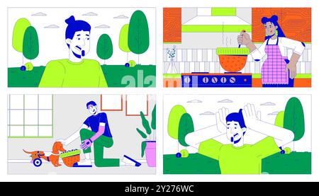 Utilizzo alternativo del cappello e attacco di panico all'aperto set di illustrazioni piatte del cartone animato Illustrazione Vettoriale