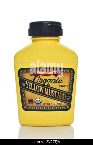 IRVINE, CALIFORNIA - 6 SETTEMBRE 2024: Una bottiglia di Trader Joes Organic Yellow Mustard. Foto Stock