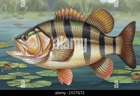 Amazon Adventures: Catturare il Peacock Bass Fish. Illustrazione Vettoriale