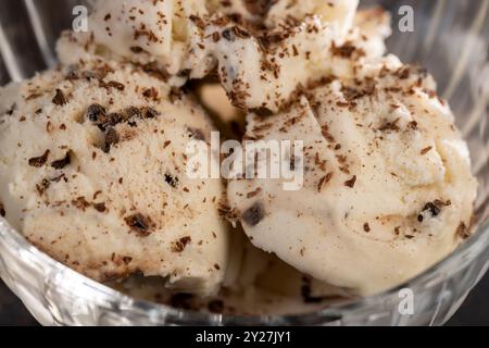 gelato bianco cremoso con pezzi e briciole di cioccolato in una ciotola di vetro, diverse palline di gelato con cioccolato Foto Stock