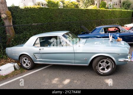 Seattle, WA, USA - 3 luglio 2024: Mint Red Ford Mustang 1965 1966. Classica auto americana retrò Foto Stock