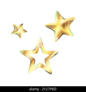 Golden Stars, giocattoli di Capodanno per decorazioni e altre festività, gialli, volumetrici. Illustrazione ad acquerello, disegnata a mano. Set di elementi individuali Foto Stock
