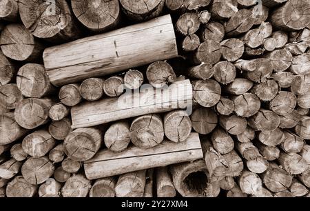 Primo piano di tronchi tagliati in legno all'ombra marrone. Pila di legna da ardere di blocchi di legno incrinati. Legno impilato come combustibile solido preparato per l'inverno in un unico colore. Foto Stock
