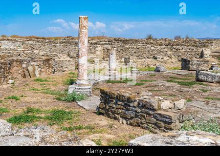 Antica città macedone di Stobi (359 a.C.): Pietre e colonne sotto un cielo azzurro soleggiato. Foto Stock