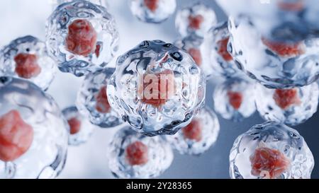 Cellule umane fluttuanti, cellule staminali embrionali, terapia cellulare e rigenerazione, trattamento delle malattie, eosinofilo, struttura molecolare organica, cancro e. Foto Stock