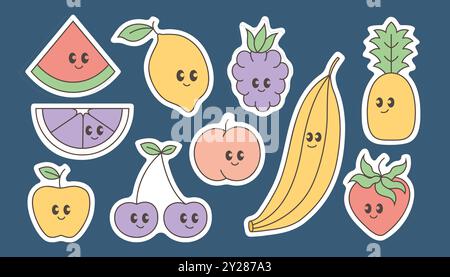 Carini cartoni animati, divertenti personaggi vettoriali delle mascotte Y2K con adesivi sorrisi. Ciliegia kawaii matura, banana, ananas, mela, limone. Illustrazione Vettoriale