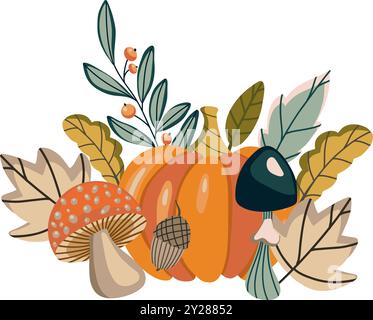 Illustrazione vettoriale a tema autunnale di zucca, funghi, ghiande, foglie e bacche. Perfetto per i design autunnali, le decorazioni stagionali e il Ringraziamento Illustrazione Vettoriale