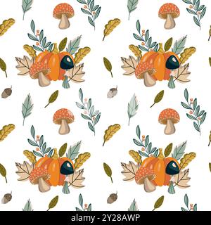 Motivo autunnale vettoriale senza cuciture con zucche, funghi, foglie, ghiande e frutti di bosco. Ideale per tessuti a tema autunnale, sfondi e per la stagione Illustrazione Vettoriale