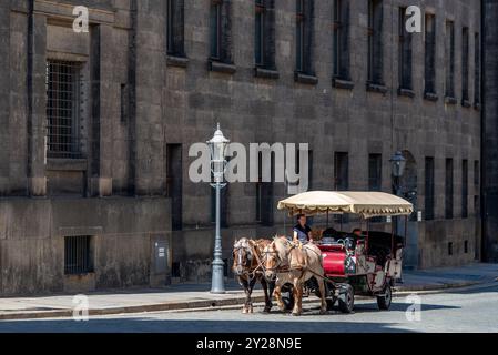 Carrozza trainata da cavalli, popolare forma di visite turistiche per i turisti che visitano lo storico quartiere della città vecchia di Dresda, provincia della Sassonia della Germania l'8 settembre Foto Stock