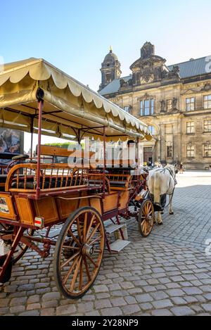 Carrozza trainata da cavalli, popolare forma di visite turistiche per i turisti che visitano lo storico quartiere della città vecchia di Dresda, provincia della Sassonia della Germania l'8 settembre Foto Stock