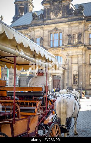 Carrozza trainata da cavalli, popolare forma di visite turistiche per i turisti che visitano lo storico quartiere della città vecchia di Dresda, provincia della Sassonia della Germania l'8 settembre Foto Stock