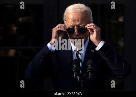 Washington, Stati Uniti. 9 settembre 2024. Il presidente Joe Biden pronuncia le sue osservazioni per celebrare l'American with Disabilities Act (ADA) sul South Lawn della Casa Bianca il 9 settembre 2024 a Washington, DC (foto di Samuel Corum/Sipa USA) Credit: SIPA USA/Alamy Live News Foto Stock