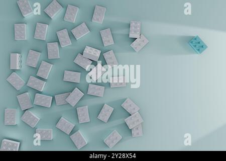 rendering 3d di blocchi bianchi sparsi su una superficie blu pallido Foto Stock