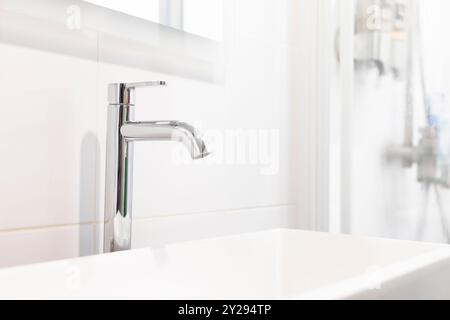 Design moderno della doccia: Lussuoso bagno bianco con flusso d'acqua, caratterizzato da eleganza architettonica in un ambiente domestico o alberghiero Foto Stock