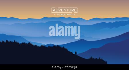 Paesaggio blu montagne la sera con alberi. Design piatto con sfondo Adventure Illustrazione Vettoriale
