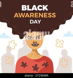 Illustrazione donna nera disegnata a mano, design piatto. Black Awareness Day, donna, illustrazioni vettoriali piatte. Illustrazione Vettoriale