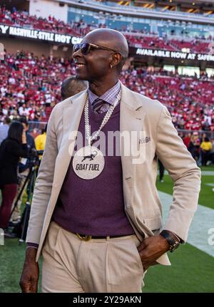 09 settembre 2024 Santa Clara CA U.S.A 49ers di tutti i tempi grande wide receiver Jerry Rice prima della partita NFL Monday Night Football tra i New York Jets e i San Francisco 49ers al Levi Stadium di San Francisco California. Thurman James/CSM Foto Stock