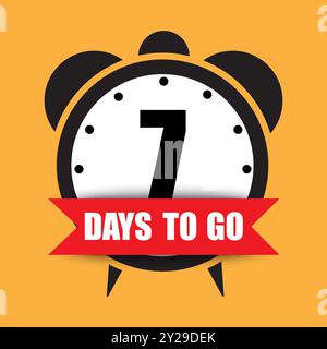 Illustrazione del timer del conto alla rovescia. Il numero sette. Testo in grassetto da 7 giorni. Sfondo giallo brillante. Illustrazione Vettoriale