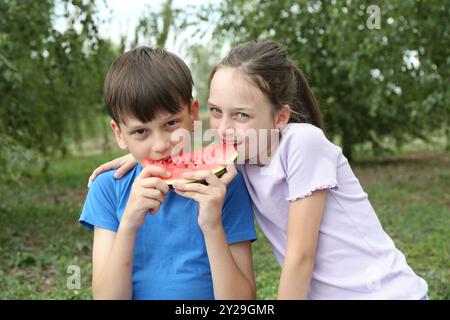 Bambini carini che mangiano anguria fresca all'aperto Foto Stock