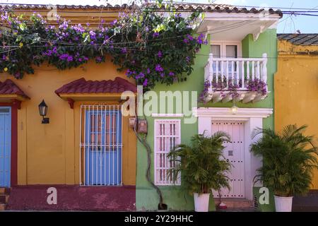 Colorate facciate di case con balconi e piante fiorite nel quartiere Getsemani di Cartagena in una giornata di sole, Colombia, Sud America Foto Stock