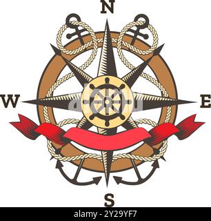Rosa retrò di vento nautico Illustrazione Vettoriale