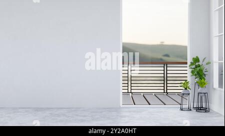 Il design degli interni di una moderna camera vuota e non arredata presenta una parete bianca vuota, piante d'appartamento, una finestra con vista del balcone e un pavimento grigio. Foto Stock