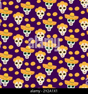 Teschi di zucchero con corona floreale e motivo sombrero senza cuciture. Idea di design della texture di sfondo Holyday. Involucro per illustrazioni vettoriali, carta da parati, imballaggio o Web, schede, poster, banner, opuscolo, etichetta, etichetta Illustrazione Vettoriale