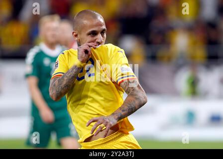 Bucarest, Romania. 9 settembre 2024. L'Ionut Mitrita della Romania celebra il punteggio ottenuto durante la partita C2 della UEFA Nations League tra Romania e Lituania allo stadio Steaua di Bucarest, Romania, 9 settembre 2024. Crediti: Cristian Cristel/Xinhua/Alamy Live News Foto Stock