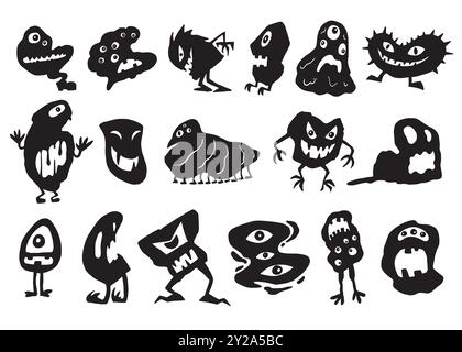 Collezione di silhouette di mostri. Illustrazione vettoriale su sfondo bianco Illustrazione Vettoriale