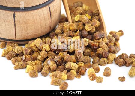 Primo piano di una paletta di legno traboccante di granuli di pane d'ape, che mostra la loro consistenza naturale e i loro benefici nutrizionali. Catturati contro una ba bianca Foto Stock