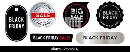 Promozione francobollo Black Friday offerta badge colorati vendita speciale a tempo limitato per la collezione di set di design pubblicitari Illustrazione Vettoriale