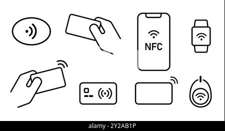 NFC carta di prossimità contanti meno contactless pagamento senza contatto icona icona icona etichetta smartphone portachiavi Illustrazione Vettoriale