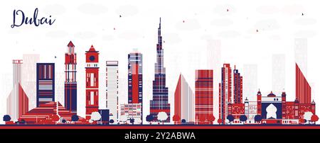 Skyline astratto della città di Dubai con grattacieli colorati. Illustrazione vettoriale. Paesaggio urbano con punti di riferimento. Illustrazione Vettoriale