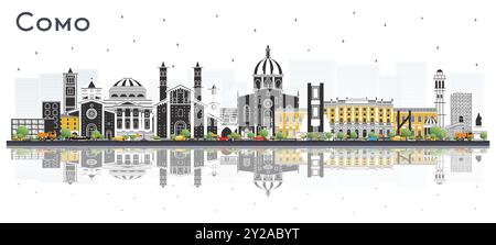 Como Italia City Skyline con edifici colorati e riflessi isolati sul bianco. Illustrazione vettoriale. Illustrazione Vettoriale