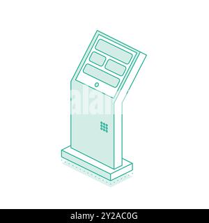 Stazione isometrica della metropolitana o stazione ferroviaria, terminale interattivo isolato su sfondo bianco. Fornire informazioni ai passeggeri sull'acquisto dei biglietti. Illustrazione Vettoriale