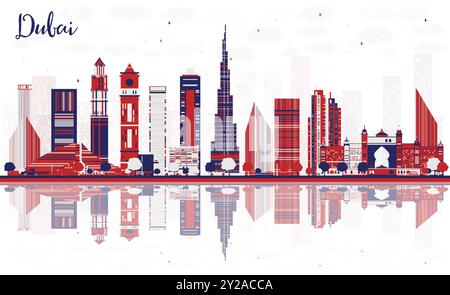 Skyline astratto della città di Dubai con grattacieli colorati e riflessi. Illustrazione vettoriale. Paesaggio urbano con punti di riferimento. Illustrazione Vettoriale