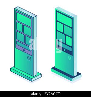 Stazione isometrica della metropolitana o stazione ferroviaria, terminale interattivo isolato su sfondo bianco. Fornire informazioni ai passeggeri sull'acquisto dei biglietti. Illustrazione Vettoriale
