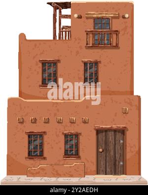 Casa in adobe a due piani con accenti in legno Illustrazione Vettoriale